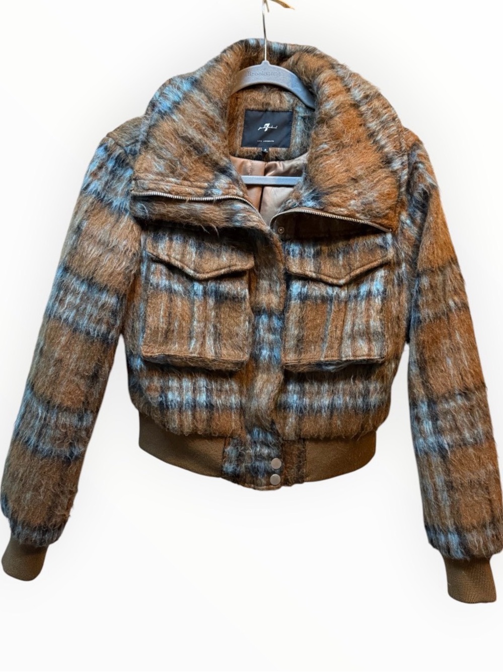 7 For All Mankind Alicia Plaid Bomber Jacket textured faux fur womens small
